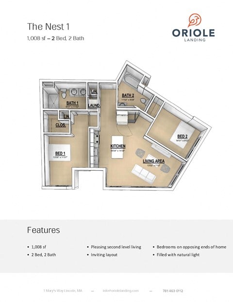 Floor plan for 2 beds, 2 baths, 1008 sqft